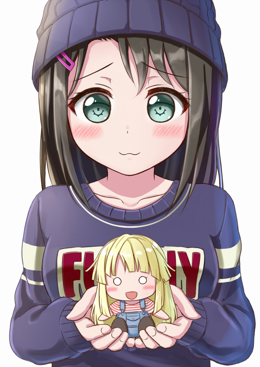 1girl :3 :d bang_dream! bangs beanie black_hair blonde_hair blue_headwear blue_sweater blush breasts character_doll clothes_writing collarbone commentary_request doll eyebrows_visible_through_hair green_eyes hair_ornament hairclip hat highres holding holding_doll long_hair long_sleeves looking_at_viewer medium_breasts medium_hair o_o okusawa_misaki open_mouth overall_shorts ririumu shirt sidelocks simple_background smile solo_focus striped striped_shirt sweater swept_bangs tsurumaki_kokoro upper_body white_background