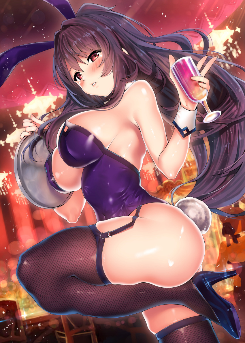 1girl absurdres animal_ears ass bangs blush breasts bunny_girl bunny_tail bunnysuit cup drinking_glass fate/grand_order fate_(series) fishnet_legwear fishnets high_heels highres huge_filesize kawai large_breasts leotard long_hair looking_at_viewer non-web_source parted_lips purple_hair purple_leotard rabbit_ears red_eyes scathach_(fate)_(all) scathach_(fate/grand_order) solo tail thigh-highs thighs tray