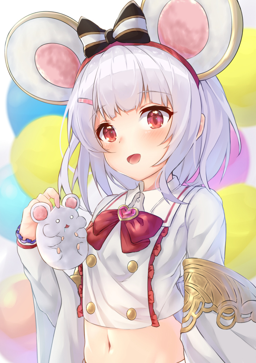1girl absurdres animal animal_ears blurry bow bowtie buttons carrying commentary_request crop_top detached_sleeves granblue_fantasy hair_bow hair_ornament hairband hairclip hand_up heart highres long_sleeves looking_at_viewer midriff navel open_mouth ponta_(velmar) rat rat_ears red_eyes shirt short_hair silver_hair smile solo upper_body vikala_(granblue_fantasy) white_shirt wide_sleeves wing_collar
