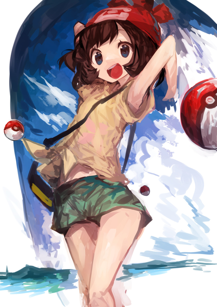 1girl absurdres armpits bag bangs beanie black_hair blue_eyes green_shorts hat highres kaamin_(mariarose753) mizuki_(pokemon) open_mouth poke_ball pokemon pokemon_(game) pokemon_sm red_headwear shirt short_hair short_sleeves shorts solo tied_shirt yellow_shirt