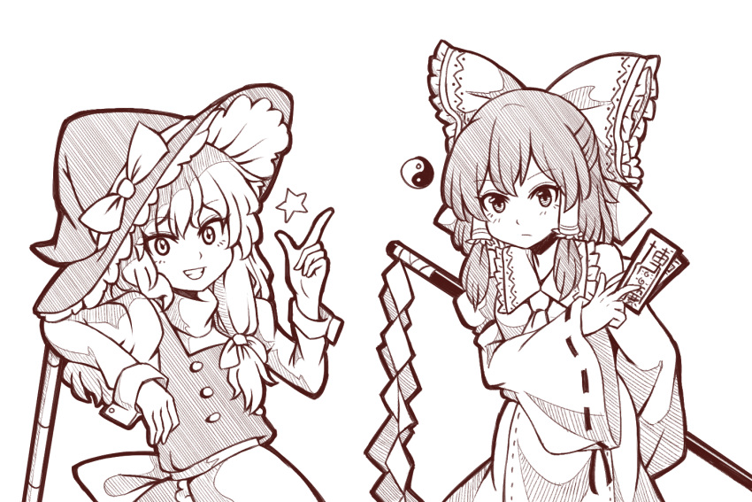 2girls apron ascot bangs bare_shoulders bow commentary cowboy_shot detached_sleeves eyebrows_visible_through_hair frilled_bow frills gohei grin hair_tubes hakurei_reimu hand_up hat hat_bow holding index_finger_raised juliet_sleeves kirisame_marisa long_hair long_sleeves looking_at_viewer monochrome multiple_girls ofuda puffy_sleeves shirt sidelocks simple_background smile standing star touhou vest waist_apron white_background witch_hat wool_(miwol) yin_yang