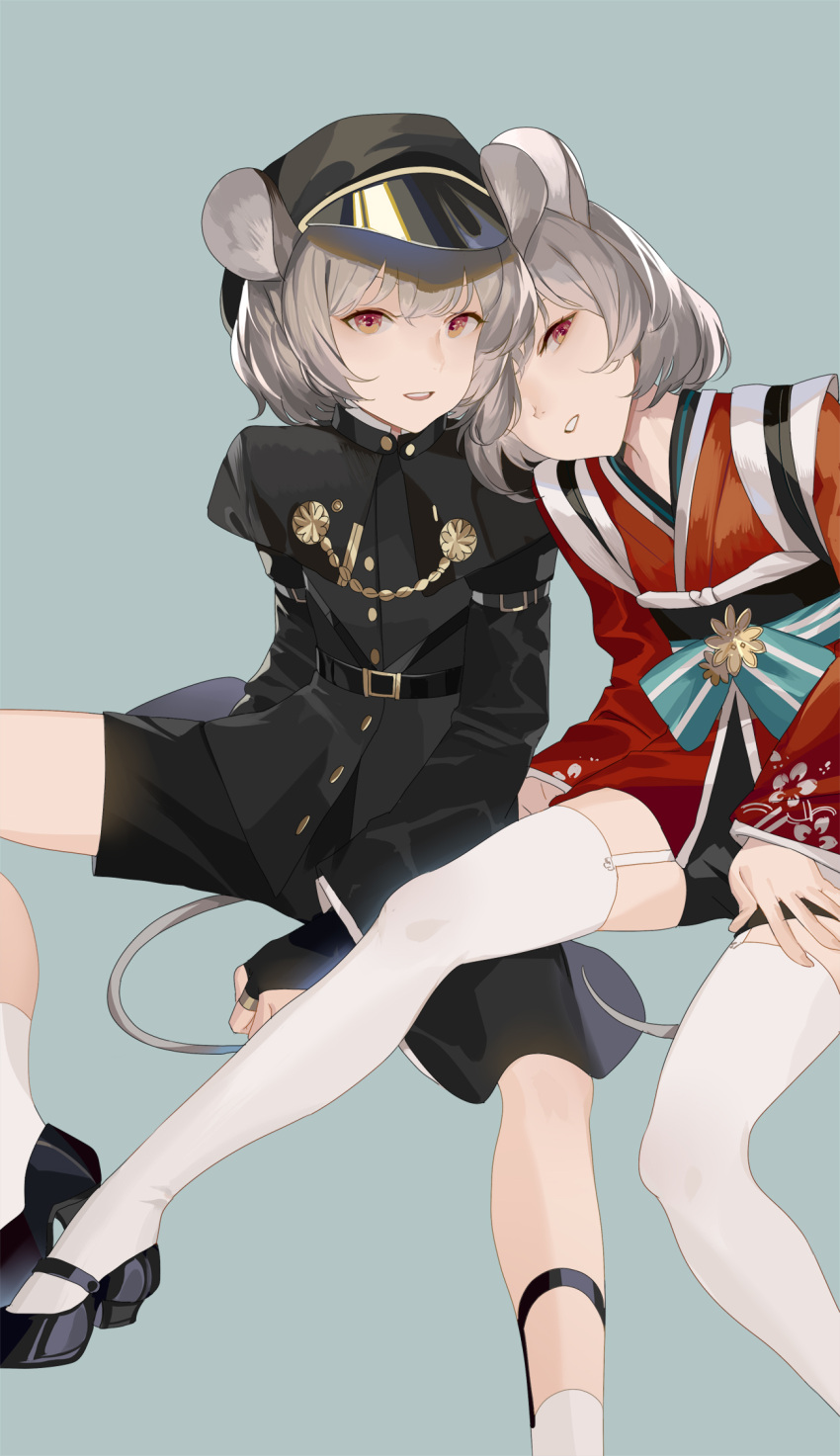 2girls :d animal_ears bangs black_footwear black_gloves black_headwear black_jacket black_shorts blue_background bridal_gauntlets cabbie_hat commentary_request dual_persona feet_out_of_frame floral_print garter_straps gloves grey_hair hat highres hillly_(maiwetea) jacket japanese_clothes kimono long_sleeves looking_at_viewer mary_janes mouse_ears multiple_girls nazrin open_mouth parted_lips red_eyes red_kimono shoes short_hair shorts simple_background sitting smile thigh-highs touhou white_legwear wide_sleeves