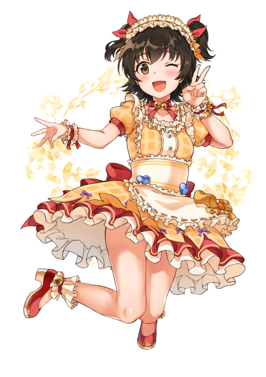 1girl :d akagi_miria ankle_bell ankle_garter ankle_ribbon apron back_bow bell black_hair blush bow brown_eyes dress eyebrows_visible_through_hair frilled_apron frilled_dress frilled_garter frilled_hairband frills full_body hair_ribbon hairband heart highres idolmaster idolmaster_cinderella_girls idolmaster_cinderella_girls_starlight_stage jingle_bell layered_dress loafers looking_at_viewer neck_bell neck_ribbon one_eye_closed open_mouth puffy_short_sleeves puffy_sleeves red_bow red_ribbon ribbon shoes short_hair short_sleeves simple_background sirurabbit smile solo two_side_up v wrist_cuffs wrist_ribbon