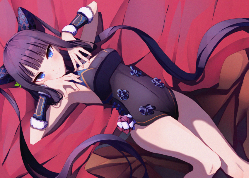 1girl armpits arms_up artist_request bangs bare_hips bare_shoulders bare_thighs blue_eyes blunt_bangs blush breasts chinese_clothes closed_mouth dress eyebrows_visible_through_hair fate/grand_order fate_(series) long_hair looking_at_viewer lying medium_breasts on_back purple_dress purple_hair smile solo thighs twintails very_long_hair wristband yang_guifei_(fate/grand_order)