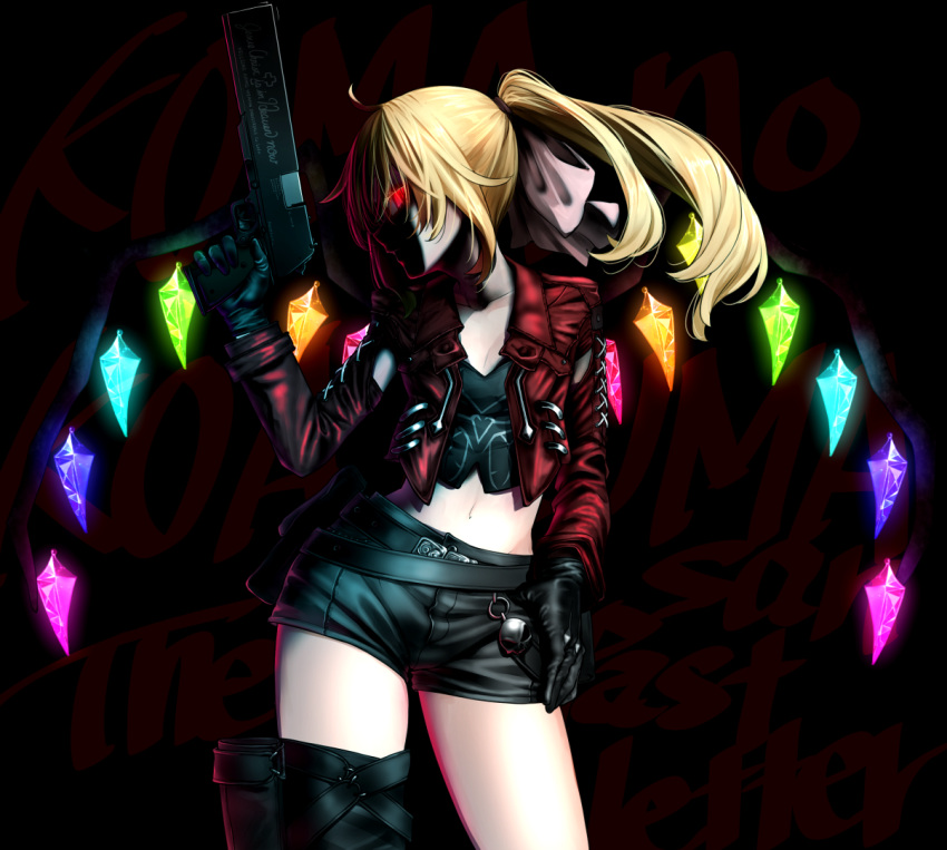 1girl alternate_hairstyle asymmetrical_legwear bangs black_gloves black_shorts blonde_hair bow closed_mouth commentary_request crystal flandre_scarlet gloves glowing glowing_crystal glowing_eye gun hair_bow hand_in_pocket hand_up handcannon handgun holding holding_gun holding_weapon jacket long_hair long_sleeves looking_at_viewer midriff navel open_clothes open_jacket ponytail red_eyes red_jacket rion_(glayjirobass) shaded_face shirt short_shorts shorts sideways_glance single_thighhigh solo standing thigh-highs touhou weapon wings