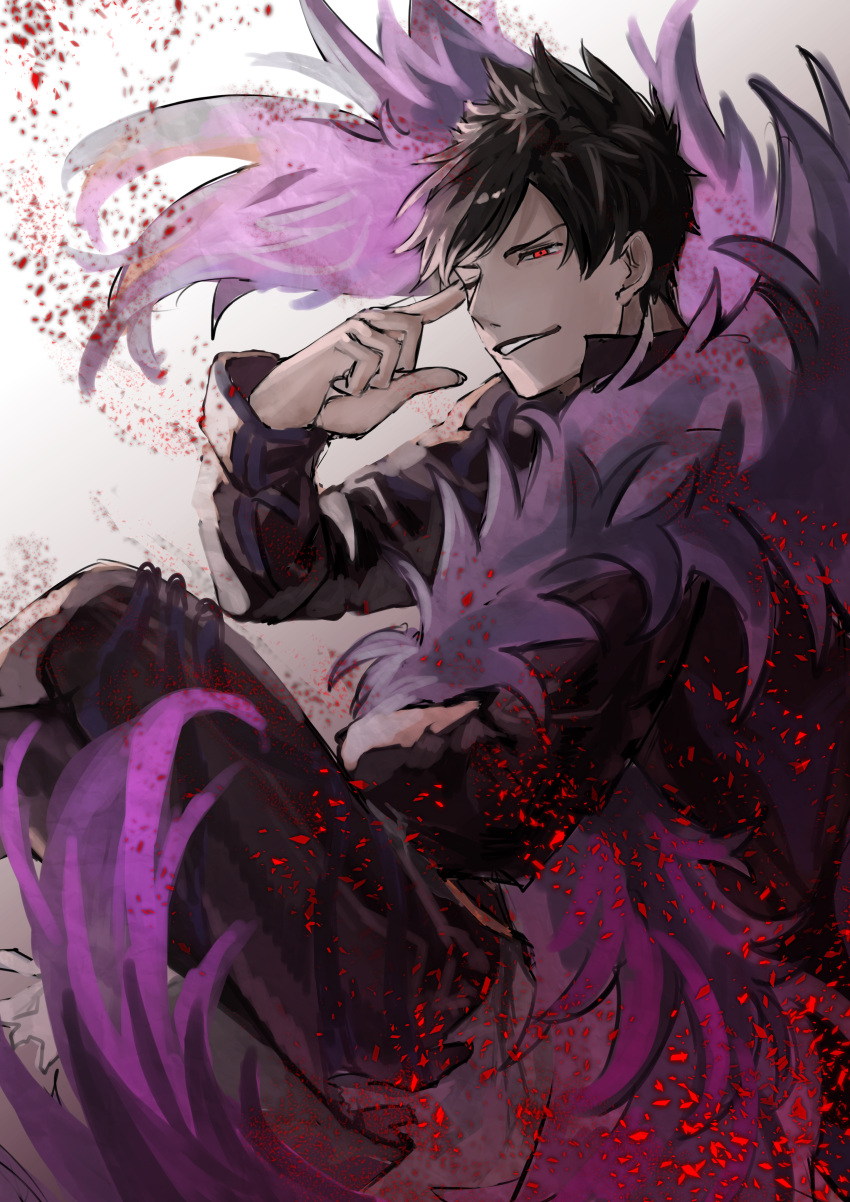 1boy absurdres belial_(granblue_fantasy) black_hair black_pants black_shirt dark_skin granblue_fantasy hand_up highres long_sleeves male_focus one_eye_closed pants parted_lips purple_scarf red_eyes sa_nomaru scarf shirt solo