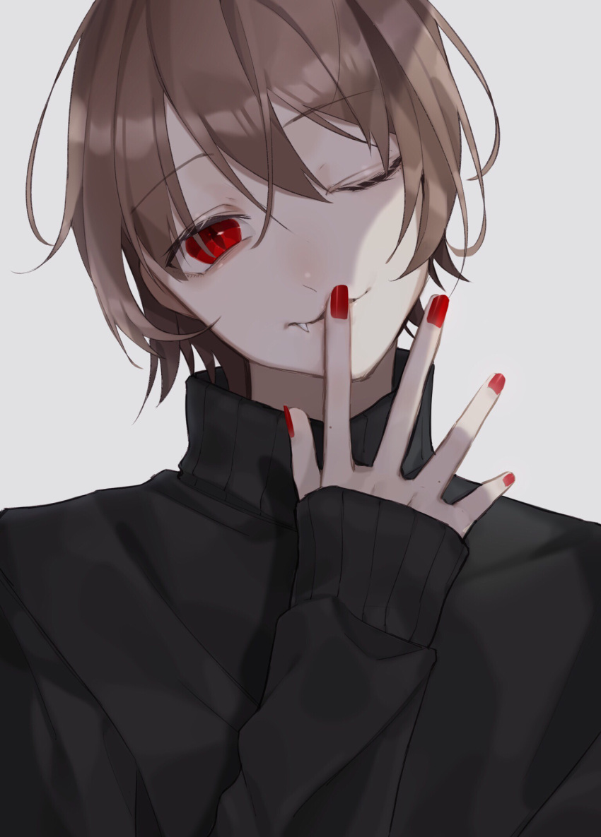 1boy bangs black_sweater brown_hair closed_mouth collar collared_sweater eyebrows_visible_through_hair fang fantasy grey_background harusame_sigu8 highres long_sleeves looking_at_viewer male_focus one_eye_closed original red_eyes red_nails short_hair simple_background slit_pupils solo sweater vampire