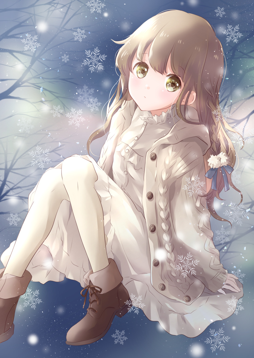 1girl absurdres ankle_boots bangs bare_tree blue_background boots braid brown_eyes brown_footwear brown_hair coat commentary cross-laced_footwear dress english_commentary expressionless eyebrows_visible_through_hair gradient gradient_background hair_ribbon head_tilt highres hood hood_down hooded_coat hoshiibara_mato knees_together_feet_apart knees_up long_hair looking_at_viewer open_clothes open_coat original pantyhose ribbon side_braid sitting sleeves_past_wrists snowflakes snowing solo tree tress_ribbon very_long_hair white_coat white_dress white_legwear winter