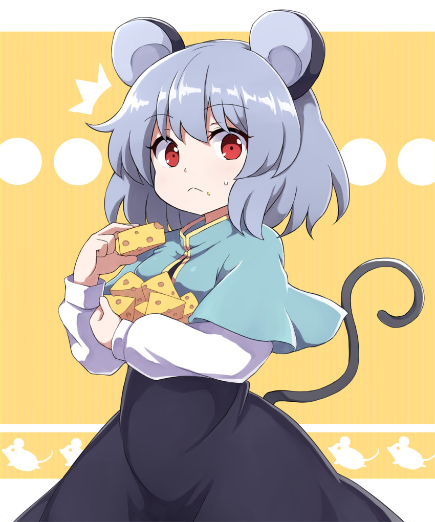 1girl :&lt; animal_ears aqua_capelet bangs big_hair black_dress breasts capelet cheese closed_mouth commentary_request cowboy_shot crumbs dress eating eyebrows_visible_through_hair food food_on_face grey_hair hands_up highres holding holding_food letterboxed long_dress long_sleeves looking_at_viewer mandarin_collar mouse_ears mouse_print mouse_tail nazrin partial_commentary popped_collar red_eyes rizento shiny shiny_hair shirt short_hair sidelocks small_breasts solo sweatdrop tagme tail touhou undershirt white_shirt yellow_background