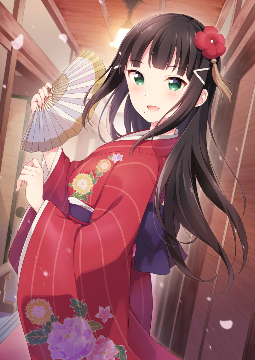 1girl back_bow bangs black_hair bow fan floral_print flower folding_fan hair_flower hair_ornament hairclip hazuki_(sutasuta) highres holding holding_fan indoors japanese_clothes kimono kurosawa_dia long_hair long_sleeves looking_at_viewer love_live! love_live!_sunshine!! mole mole_under_mouth obi petals red_flower red_kimono sash solo striped striped_background tassel wide_sleeves