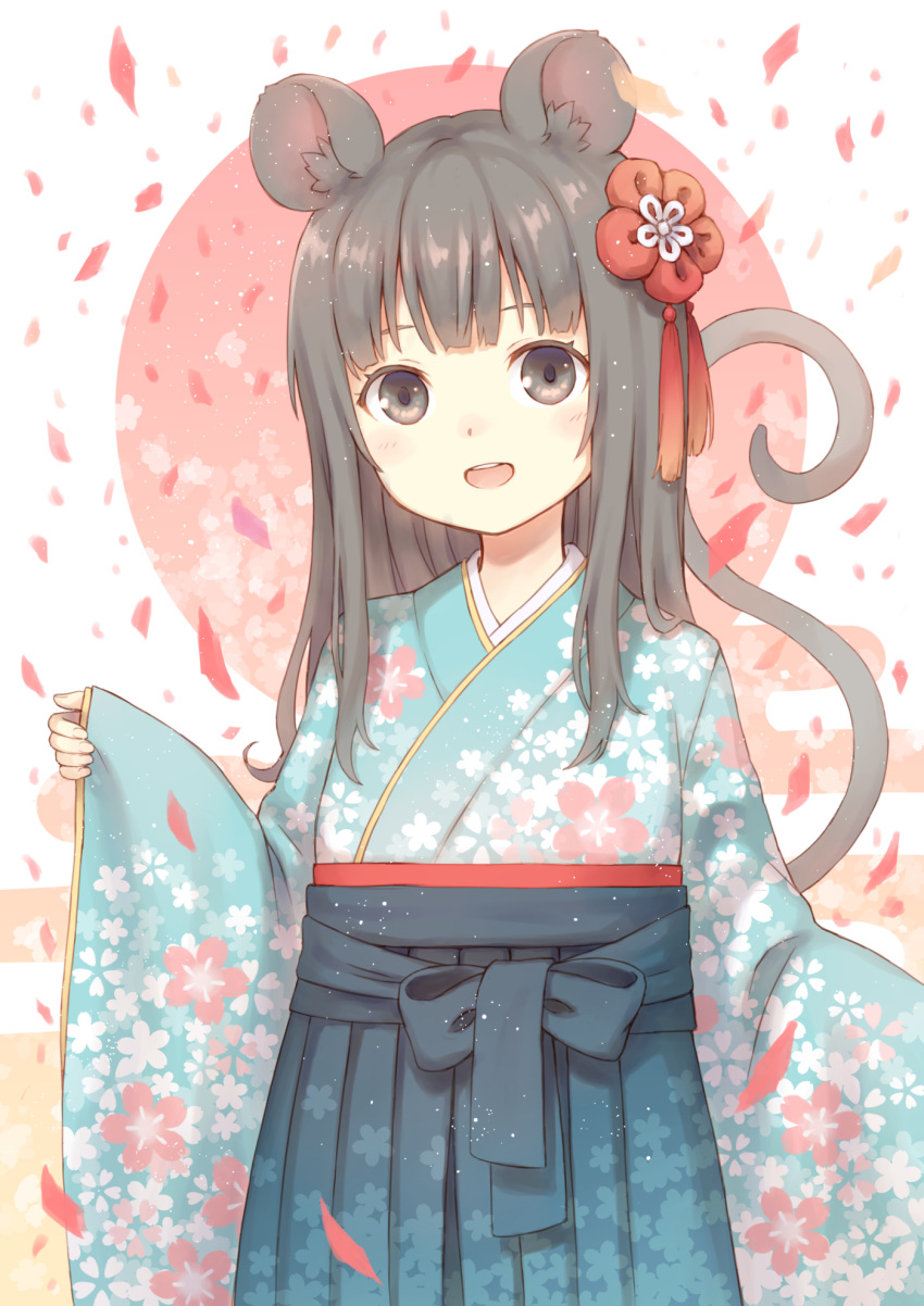 104 1girl animal_ear_fluff animal_ears arms_up bangs blue_kimono chinese_zodiac commentary confetti cowboy_shot egasumi floral_print flower grey_eyes grey_hair hair_flower hair_ornament hakama highres japanese_clothes kimono long_sleeves medium_hair mouse_ears mouse_girl mouse_tail new_year open_mouth original pink_background print_kimono red_sun solo standing tail two-tone_background upper_teeth white_background year_of_the_rat