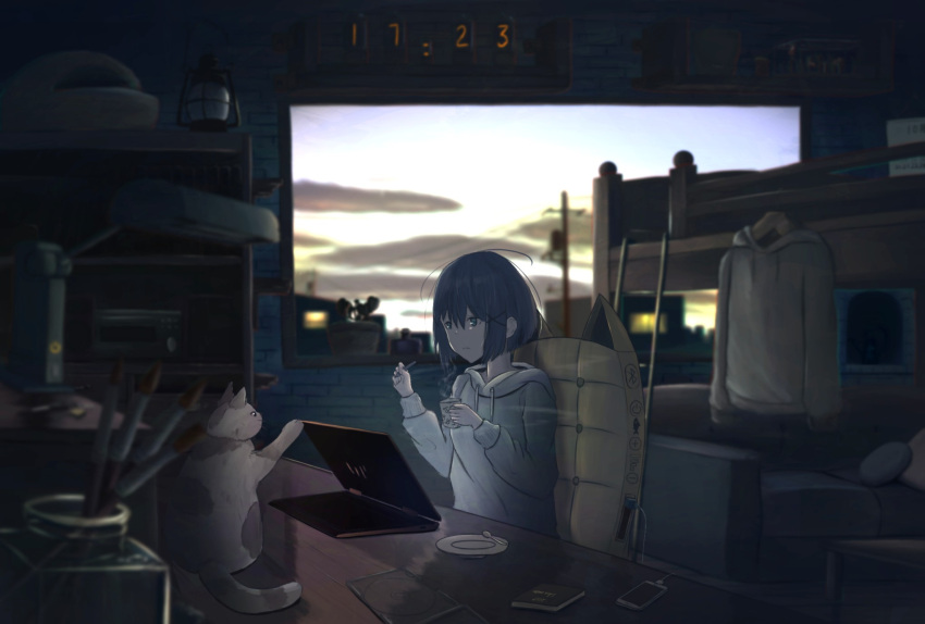 1girl bed black_hair blurry_foreground caede cat cd_case cellphone chair clock clouds computer couch cup highres hood hood_down indoors ladder lamp lantern laptop mug original paintbrush phone plant plate potted_plant power_lines scenery shelf sitting solo spoon steam stylus twilight white_hoodie window