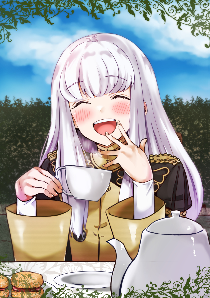 1girl absurdres blue_sky blush closed_eyes clouds cup day fire_emblem fire_emblem:_three_houses garreg_mach_monastery_uniform highres holding holding_cup huge_filesize long_hair long_sleeves lysithea_von_ordelia open_mouth oroshipon_zu plate sky solo teacup teapot uniform white_hair