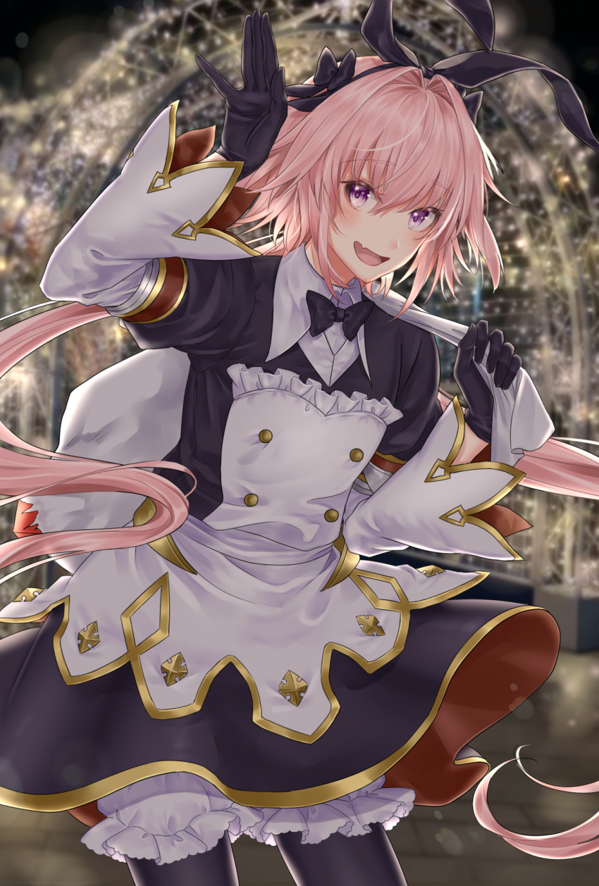 1boy astolfo_(fate) astolfo_(saber)_(fate) azaka_(rionrita) bangs black_bow black_gloves black_ribbon blush bow bowtie commentary_request fang fate_(series) gloves hair_bow hair_intakes hair_ribbon highres long_hair long_sleeves looking_at_viewer multicolored_hair otoko_no_ko pink_hair ribbon skin_fang smile solo streaked_hair twintails violet_eyes white_hair