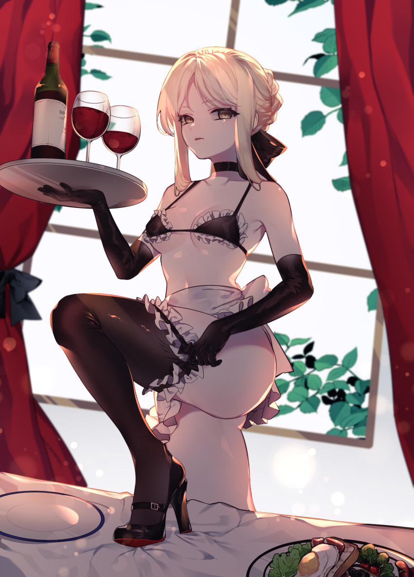 1girl alcohol artoria_pendragon_(all) artoria_pendragon_(swimsuit_rider_alter) bare_shoulders bikini black_bikini black_bow black_footwear black_gloves black_legwear blonde_hair bottle bow braid breasts choker closed_mouth commentary cowboy_shot cup drinking_glass elbow_gloves fate/grand_order fate_(series) frilled_bikini_top frilled_choker frills frown glass gloves grey_background groin hair_bow halter_top halterneck high_heels highres holding holding_tray leg_garter looking_at_viewer maid_bikini maid_headdress navel rimsuk saber_alter short_hair small_breasts solo standing swimsuit table thigh-highs tray v-shaped_eyebrows wine wine_bottle wine_glass yellow_eyes