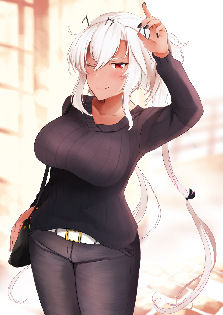 absurdres bag belt black_nails black_pants breasts cowboy_shot dark_skin eyewear_on_head glasses hair_between_eyes highres kantai_collection large_breasts looking_at_viewer musashi_(kantai_collection) one_eye_closed pants platinum_blonde_hair pointy_hair red_eyes semi-rimless_eyewear short_hair_with_long_locks shoulder_bag sweater turtleneck turtleneck_sweater twintails under-rim_eyewear white_belt yunamaro