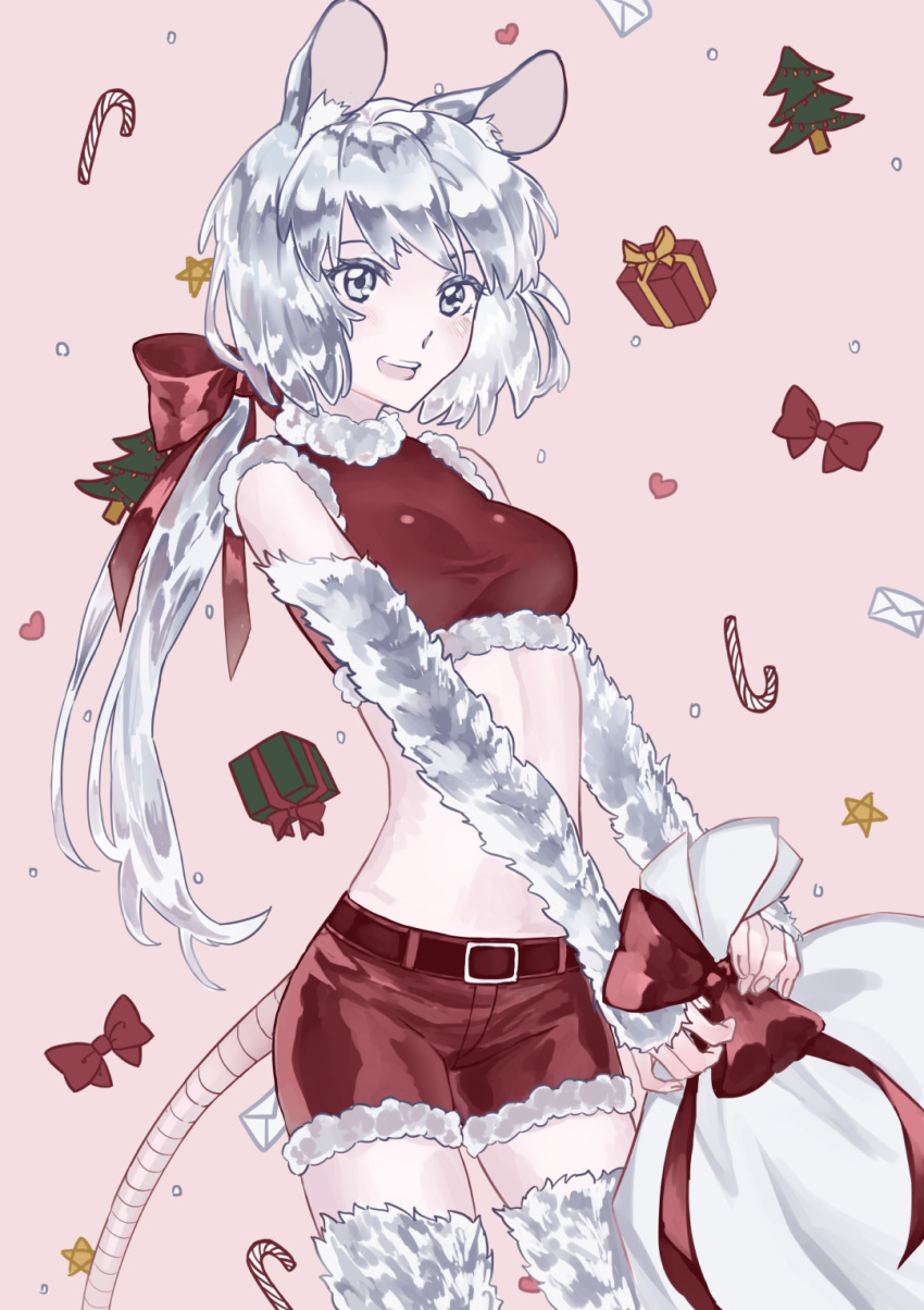 1girl :d animal_ears belt belt_buckle buckle christmas fur fur_collar fur_trim gift highres long_ponytail monster_girl mouse_ears mouse_girl mouse_tail new_year open_mouth original ponytail sack sidelocks smile solo tail tank_top white_eyes white_fur white_hair zakirsiz zodiac