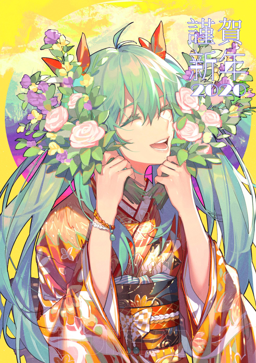 1girl 2020 :d ^_^ absurdres ahoge bangs closed_eyes colored_eyelashes commentary_request eyebrows_visible_through_hair floral_print flower green_hair hair_between_eyes hair_ribbon hands_up hatsune_miku highres holding holding_flower japanese_clothes kimono koi_han long_hair long_sleeves lower_teeth obi open_mouth pink_flower pink_rose print_kimono purple_flower red_ribbon ribbon rose sash smile solo twintails upper_body vocaloid wide_sleeves yellow_background yellow_flower