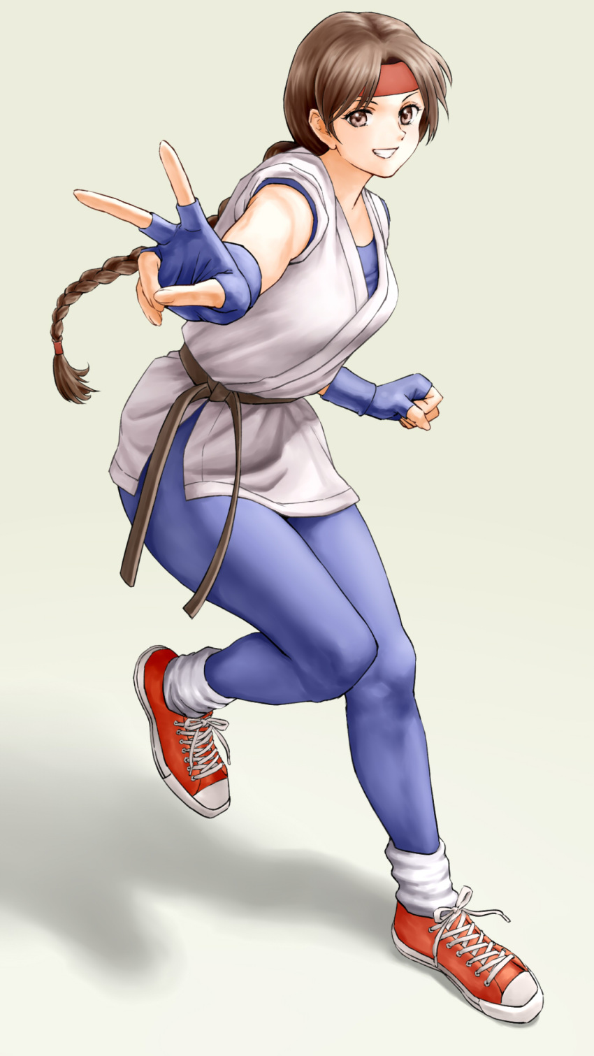 1girl braid brown_eyes brown_hair commentary_request dougi fingerless_gloves full_body gloves gradient gradient_background headband highres leg_up long_hair looking_at_viewer parted_lips ryuuko_no_ken shadow shoes single_braid skin_tight smile sneakers socks solo spandex the_king_of_fighters tied_hair v x_chitch yuri_sakazaki