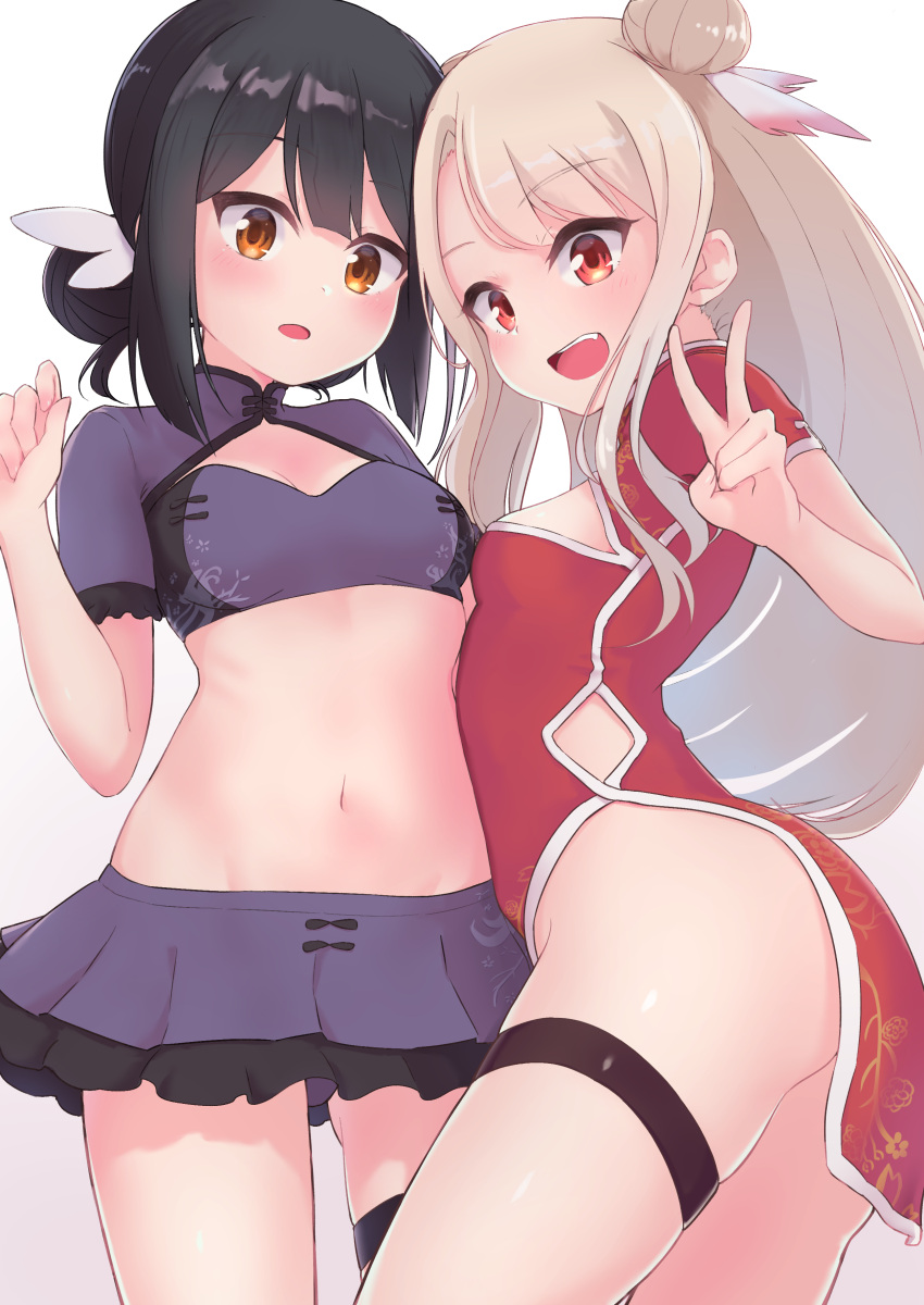 2girls absurdres ass bangs black_hair blush breasts brown_eyes china_dress chinese_clothes commentary_request crop_top dress fate/kaleid_liner_prisma_illya fate_(series) feathers hair_bun hair_feathers highres illyasviel_von_einzbern karu_(ricardo_2628) long_hair looking_at_viewer miniskirt miyu_edelfelt multiple_girls navel open_mouth pelvic_curtain purple_skirt red_dress red_eyes revision short_sleeves side_bun side_slit simple_background skirt small_breasts smile thigh_strap thighs v white_background white_hair