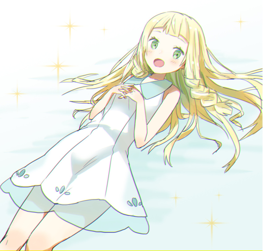 1girl absurdres blonde_hair braid dress green_eyes highres lillie_(pokemon) long_hair open_mouth peppedayo_ne pokemon pokemon_(game) pokemon_sm see-through sleeveless sleeveless_dress solo twin_braids white_dress