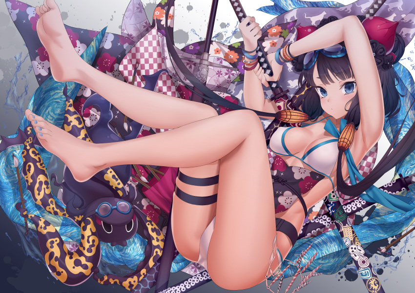 1girl absurdres animal arms_up bangs bare_legs barefoot bikini black_hair blue_eyes blue_nails breasts checkered closed_mouth commentary_request eyebrows_visible_through_hair fate/grand_order fate_(series) feet fingernails floral_print gradient gradient_background grey_background hair_ornament highres holding holding_sword holding_weapon katana katsushika_hokusai_(fate/grand_order) katsushika_hokusai_(swimsuit_saber)_(fate) legs_up long_hair low_twintails medium_breasts nail_polish octopus revision sheath sheathed swimsuit sword tentacles thigh_strap tokitarou_(fate/grand_order) twintails very_long_hair weapon white_background white_bikini xo_(xo17800108)