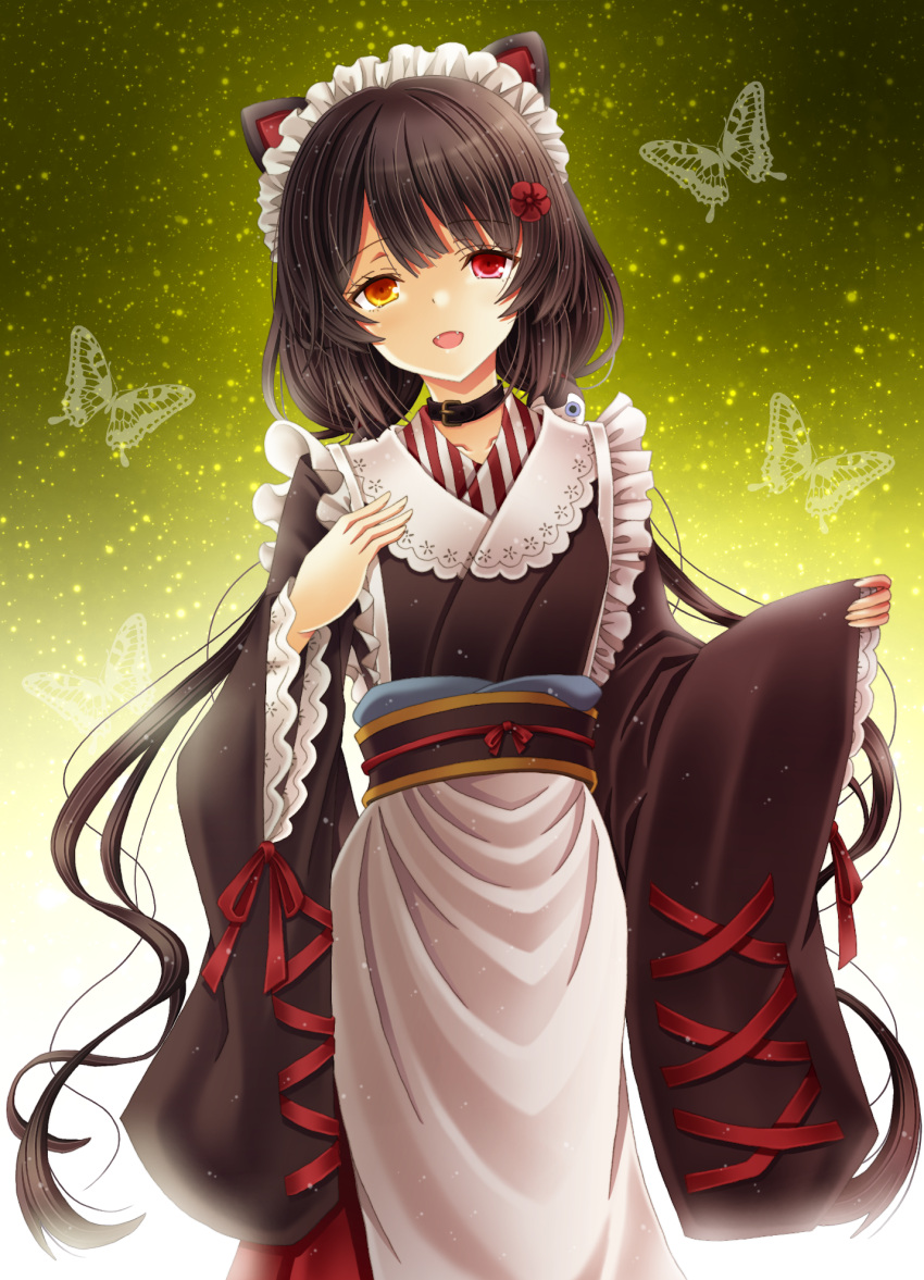 1girl amou_yuu animal_ears apron brown_hair brown_kimono bug butterfly cat_ears collar commentary_request eyebrows_visible_through_hair fangs flower gradient gradient_background hair_between_eyes hair_flower hair_ornament happy_new_year heterochromia highres insect inui_toko japanese_clothes kimono light_particles long_hair long_sleeves looking_at_viewer maid_apron maid_headdress new_year nijisanji obi open_mouth orange_eyes red_eyes sash short_hair solo twintails very_long_hair virtual_youtuber wa_maid wide_sleeves