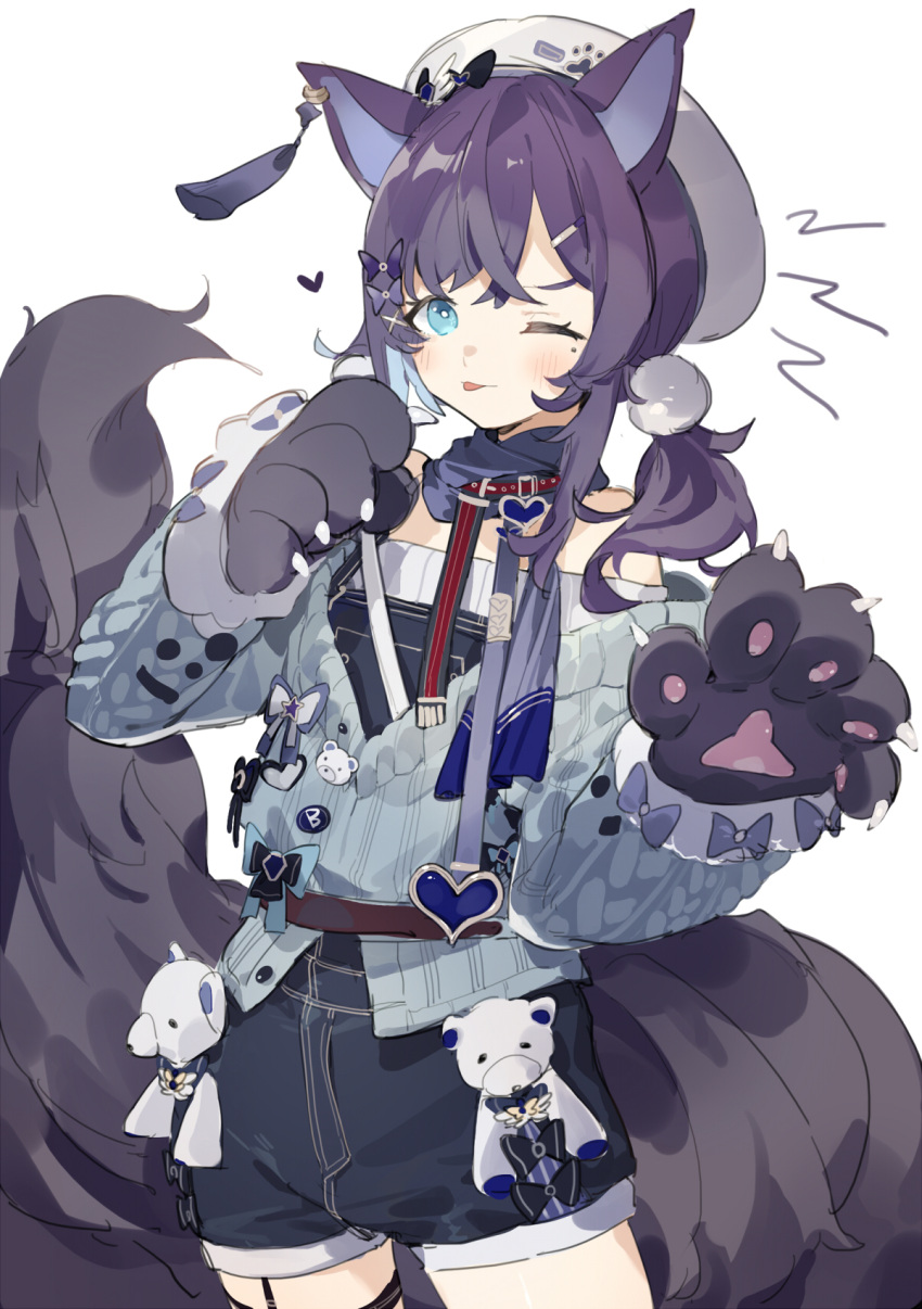 1girl aiba_uiha animal_ears badge bangs belt black_shorts blue_bow blue_cardigan blue_eyes blue_sweater blush bow cowboy_shot dog_ears dog_tail gloves hair_bow hat highres long_sleeves looking_at_viewer mole mole_under_eye nijisanji off_shoulder official_alternate_costume paw_gloves paws pom_pom_(clothes) purple_bow sh_(562835932) short_shorts shorts simple_background sketch solo sweater tail thigh_strap virtual_youtuber white_background white_headwear