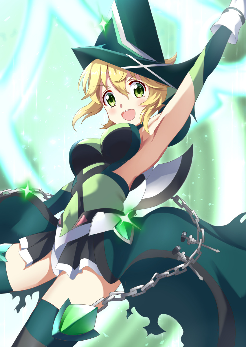 1girl absurdres akatsuki_kirika arm_up armpits blonde_hair blush breasts chain elbow_gloves eyebrows_visible_through_hair gloves green_eyes highres large_breasts looking_at_viewer looking_to_the_side magical_girl open_mouth rikopin senki_zesshou_symphogear shiny shiny_hair short_hair simple_background smile solo sparkle_background striped striped_legwear teeth thigh-highs tongue upper_teeth