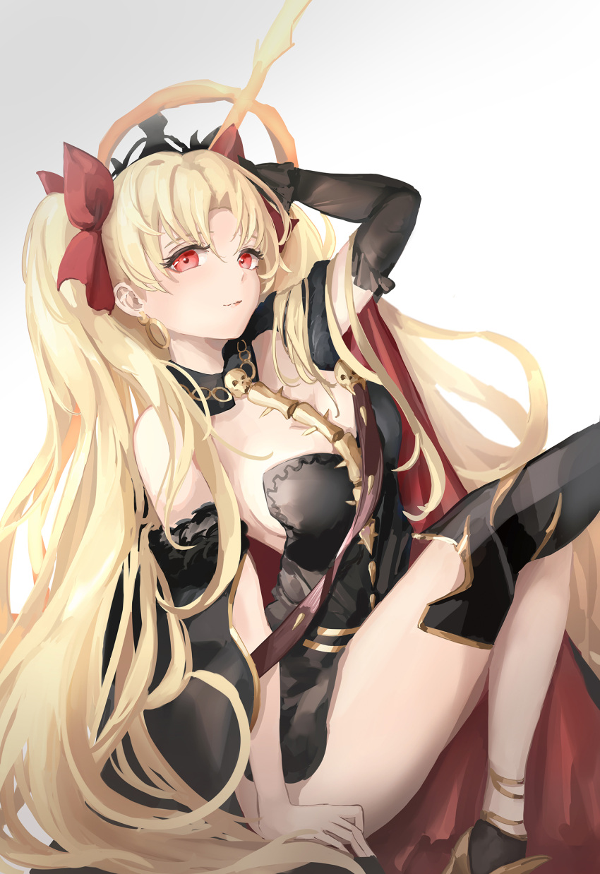 1girl arm_support asymmetrical_legwear bangs between_breasts black_cape black_legwear blonde_hair breasts cape closed_mouth commentary earrings ereshkigal_(fate/grand_order) fate/grand_order fate_(series) gradient gradient_background hair_intakes highres hoop_earrings infinity jewelry lielac lips long_hair multicolored multicolored_cape multicolored_clothes necklace parted_bangs red_cape red_eyes single_thighhigh skull solo spine thigh-highs thighs two_side_up very_long_hair
