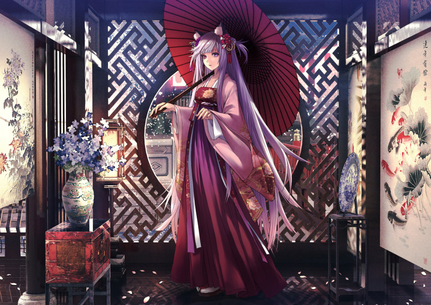 1girl animal_ear_fluff animal_ears applekun architecture bangs blunt_bangs breasts carrying_over_shoulder ceramics chinese_clothes day east_asian_architecture floral_print flower full_body geta gradient_hair hair_flower hair_ornament hanfu happy_new_year heterochromia highres holding holding_umbrella japanese_clothes kimono lantern long_hair long_sleeves medium_breasts multicolored_hair nail_polish new_year original painting_(object) petals photo_background pink_hair pink_nails purple_hair red_eyes round_window sash sayagata standing stool tabi tassel two_side_up umbrella vase very_long_hair violet_eyes window_shade wooden_floor