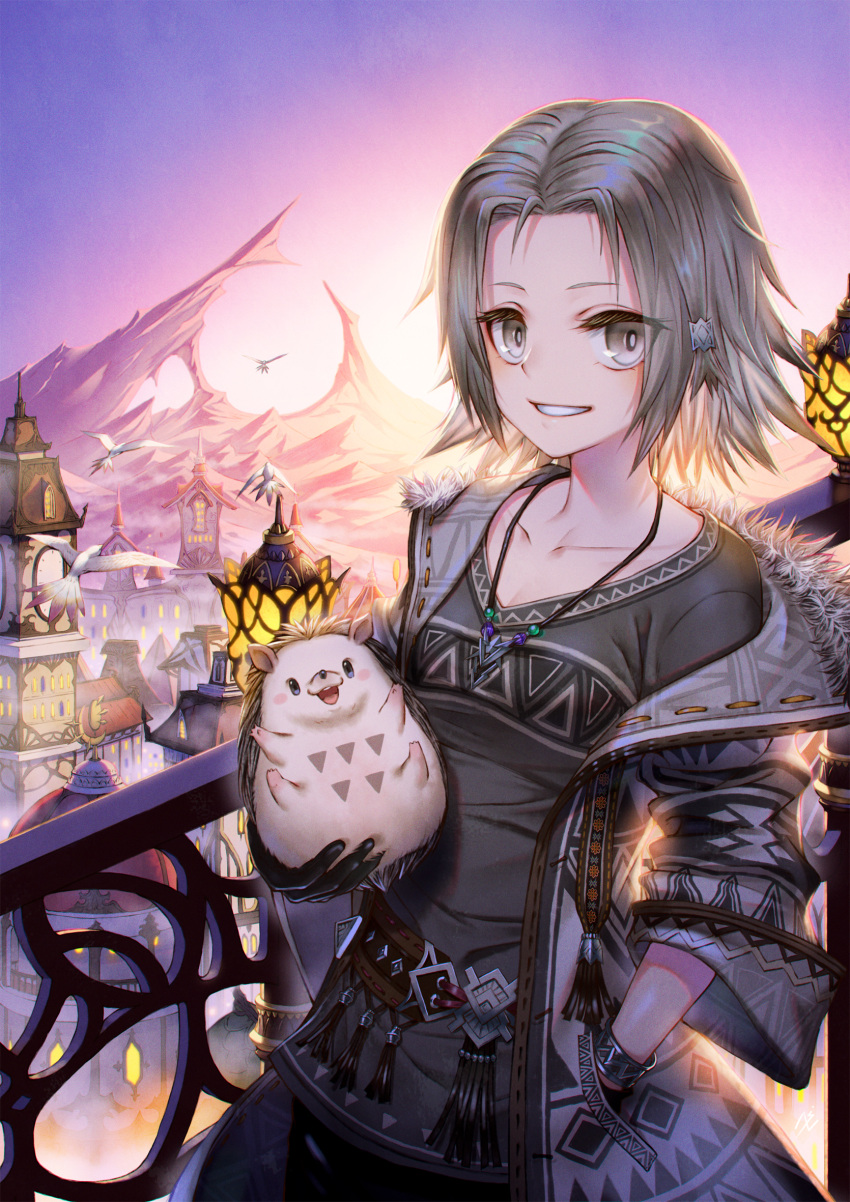 1girl :d animal bird black_gloves black_shirt cityscape clock clock_tower gloves grey_eyes grey_hair hair_ornament hand_in_pocket hedgehog highres holding holding_animal jewelry lamppost necklace nengajou new_year open_mouth original parted_lips railing seagull shirt sho_(sumika) smile standing sunrise tower weather_vane