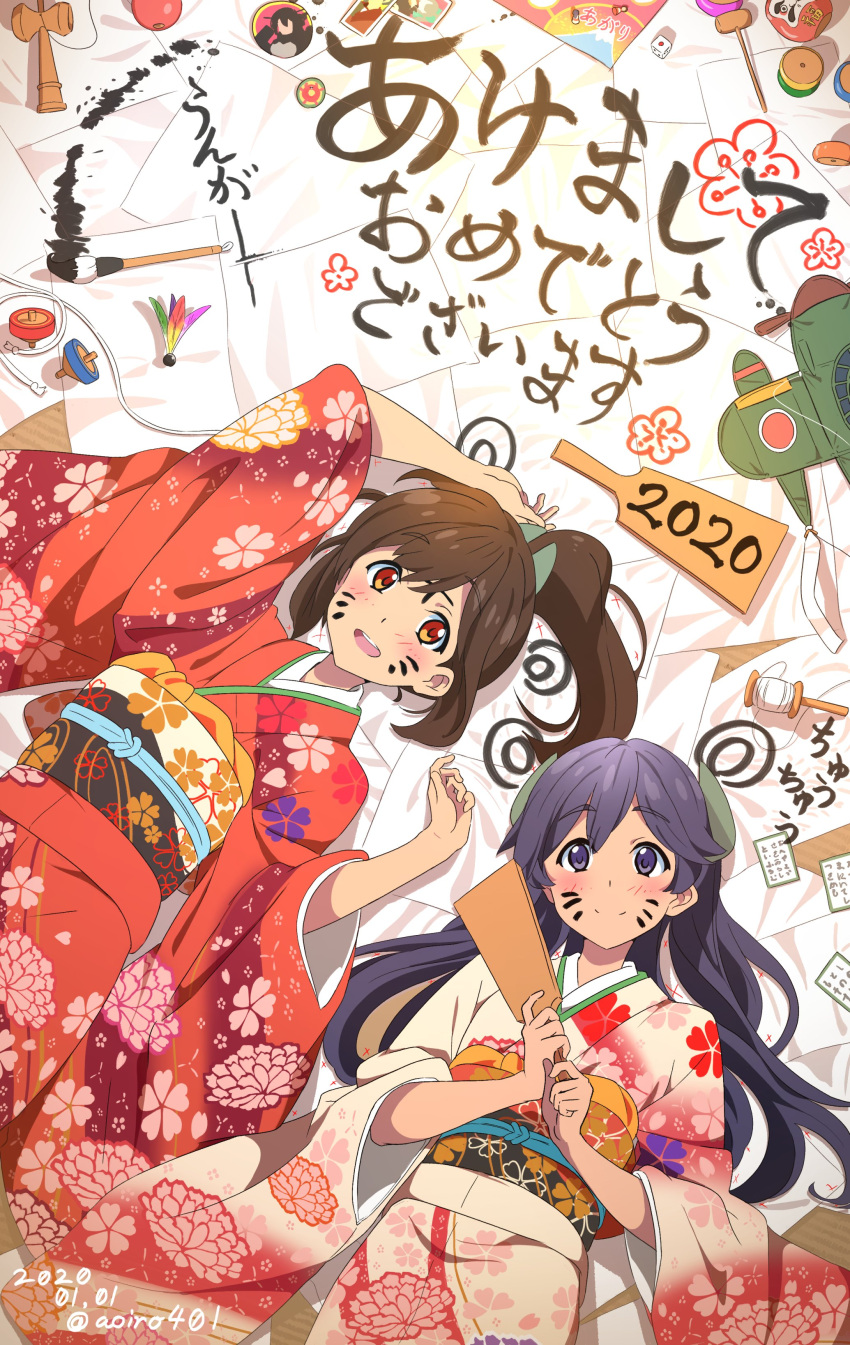2020 2girls absurdres alternate_costume ao_iro bangs black_hair blush brown_hair dated dice eyebrows_visible_through_hair hair_ornament hairclip happy_new_year headgear highres holding i-400_(kantai_collection) i-401_(kantai_collection) japanese_clothes kantai_collection kimono long_hair lying multiple_girls new_year open_mouth ponytail sash smile twitter_username wide_sleeves