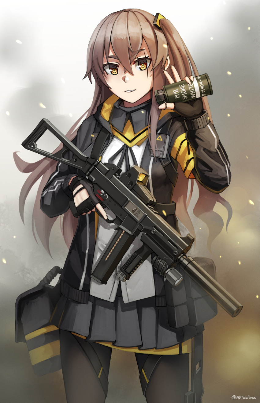 1girl absurdres bangs black_gloves black_jacket black_legwear black_ribbon blush brown_eyes brown_hair commentary dress_shirt english_commentary eyebrows_visible_through_hair fingerless_gloves girls_frontline gloves grey_skirt gun h&amp;k_ump h&amp;k_ump45 hair_between_eyes hair_ornament hand_up highres holding holding_gun holding_weapon jacket long_hair long_sleeves looking_at_viewer ndtwofives neck_ribbon object_namesake one_side_up open_clothes open_jacket pantyhose parted_lips pleated_skirt ribbon scar scar_across_eye shirt skirt smoke_grenade solo submachine_gun thick_eyebrows twitter_username ump45_(girls_frontline) very_long_hair weapon white_shirt