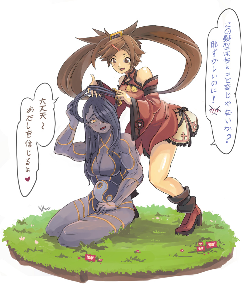 2girls ankle_boots black_hair blush boots breasts brown_eyes brown_hair china_dress chinese_clothes comb commentary commentary_request crossover detached_sleeves dress english_commentary full_body guilty_gear hair_ornament hair_over_one_eye hair_ring hairclip hairdressing halo heart heart-shaped_pupils highres kuradoberi_jam long_hair medium_breasts metal_skin mixed-language_commentary multiple_girls muscle muscular_female seiza sergio_nhur seth_(street_fighter) sitting street_fighter street_fighter_v symbol-shaped_pupils translation_request twintails very_long_hair yellow_eyes yin_yang_orb