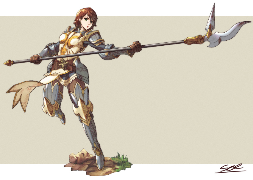 1girl armor armored_boots beige_background boots border borrowed_character brown_gloves brown_hair faulds gloves grass green_eyes knight lance leather leather_gloves looking_at_viewer original polearm scrson short_hair shoulder_armor spear tabard vambraces weapon white_border