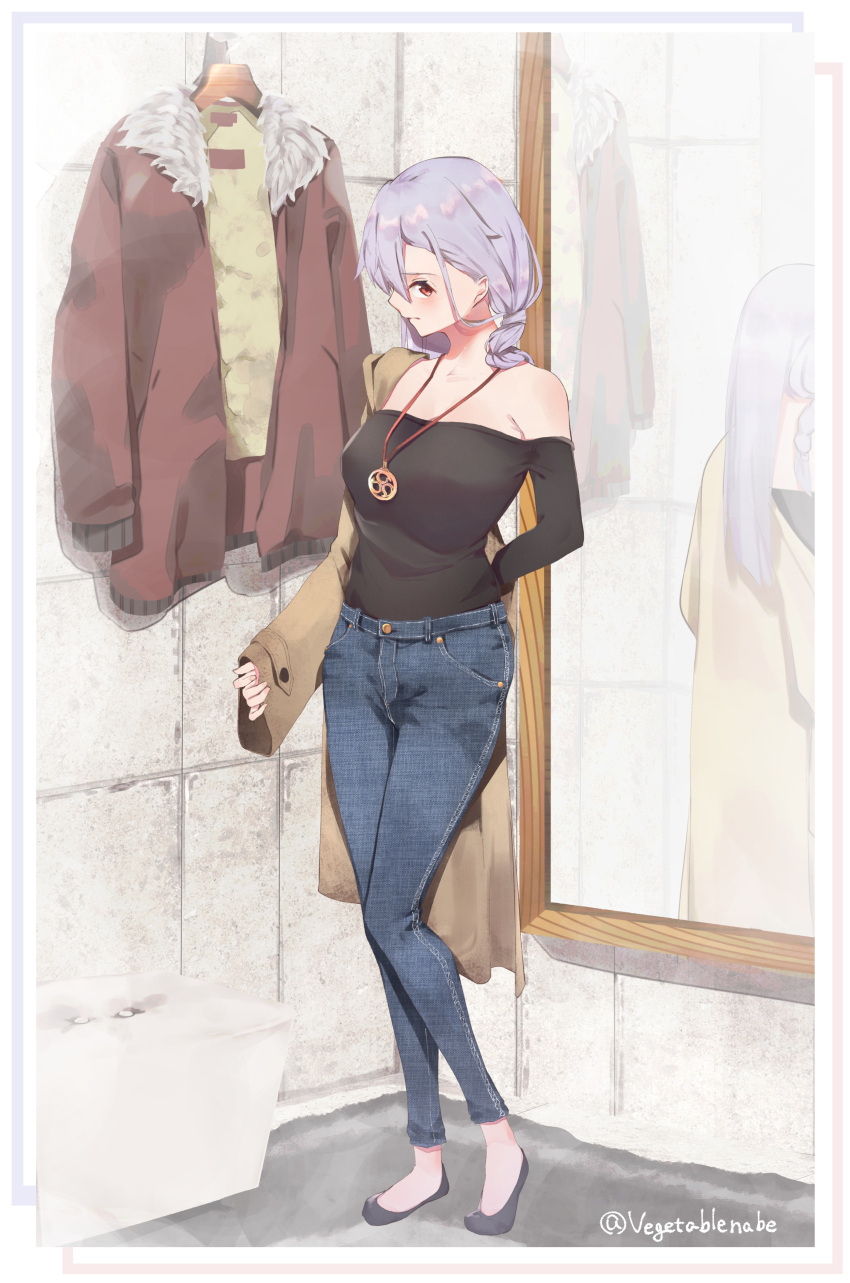 1girl absurdres bare_shoulders black_footwear black_shirt border casual clothes_hanger coat collarbone commentary_request denim fate/grand_order fate_(series) hair_between_eyes highres jeans jewelry long_hair mirror mitsudomoe_(shape) necklace off-shoulder_shirt off_shoulder pants red_eyes removing_jacket shirt silver_hair solo tomoe_(symbol) tomoe_gozen_(fate/grand_order) twitter_username vegetablenabe white_border