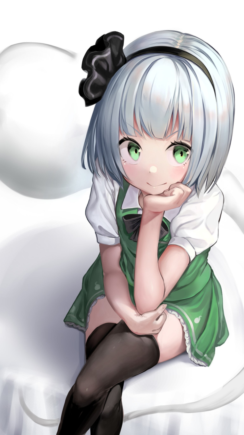 1girl absurdres bangs black_bow black_hairband black_legwear black_neckwear black_ribbon blush bow bowtie chin_rest commentary_request feet_out_of_frame green_eyes green_skirt green_vest hair_ribbon hairband hand_up highres hitodama isemori konpaku_youmu konpaku_youmu_(ghost) looking_at_viewer miniskirt petticoat puffy_short_sleeves puffy_sleeves ribbon shirt short_hair short_sleeves silver_hair sitting skirt smile solo thigh-highs touhou v-shaped_eyebrows vest white_background white_shirt zettai_ryouiki