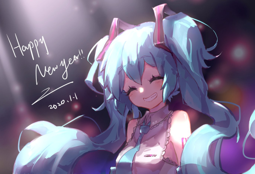 1girl 2020 aqua_hair aqua_neckwear bare_shoulders black_sleeves closed_eyes commentary dated detached_sleeves facing_viewer grey_shirt grin hair_ornament happy_new_year hatsune_miku long_hair necktie nejikyuu new_year open_mouth shirt shoulder_tattoo sleeveless sleeveless_shirt smile solo spotlight tattoo twintails upper_body very_long_hair vocaloid