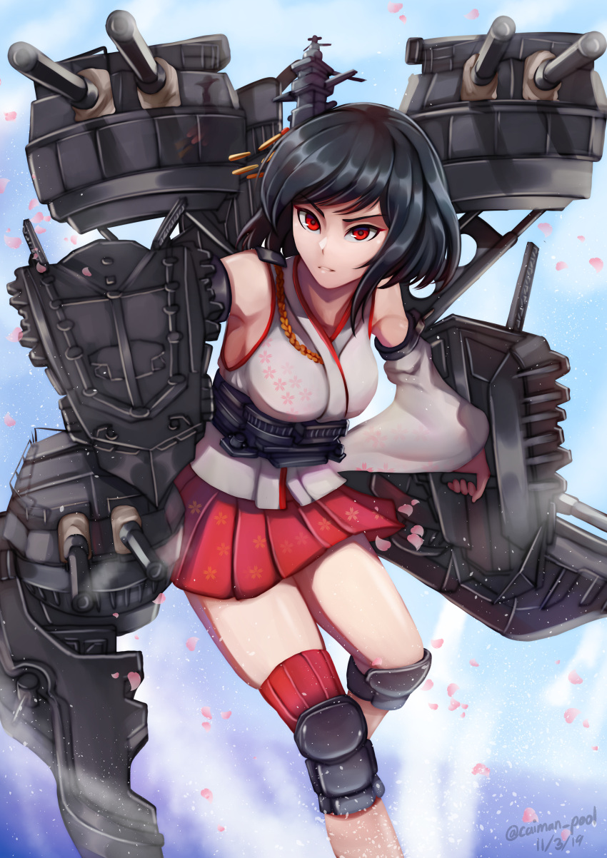 1girl absurdres black_hair caiman-pool cannon cherry_blossoms commentary_request detached_sleeves flight_deck floral_print hair_ornament highres kantai_collection knee_pads machinery nontraditional_miko petals pleated_skirt red_eyes red_skirt remodel_(kantai_collection) rigging shirt short_hair skirt solo turret white_shirt white_sleeves wide_sleeves yamashiro_(kantai_collection)