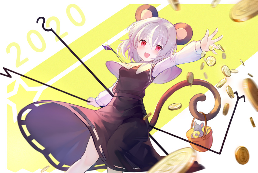 1girl 2020 :d animal_ears arm_up bangs basket black_skirt black_vest blush boku_koyuki_mx breasts capelet chinese_commentary coin commentary_request dowsing_rod eyebrows_visible_through_hair feet_out_of_frame grey_capelet grey_hair hair_between_eyes highres holding jewelry long_sleeves looking_at_viewer mouse_ears nazrin open_mouth pendant prehensile_tail red_eyes shirt short_hair skirt skirt_set small_breasts smile solo standing tail touhou two-tone_background vest white_background white_shirt yellow_background