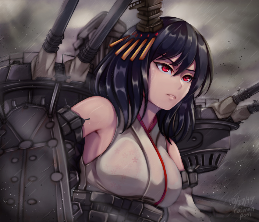 1girl black_hair breasts caiman-pool cannon commentary_request detached_sleeves hair_between_eyes hair_ornament highres japanese_clothes kantai_collection kimono large_breasts machinery red_eyes rigging short_hair solo turret upper_body white_kimono white_sleeves yamashiro_(kantai_collection)