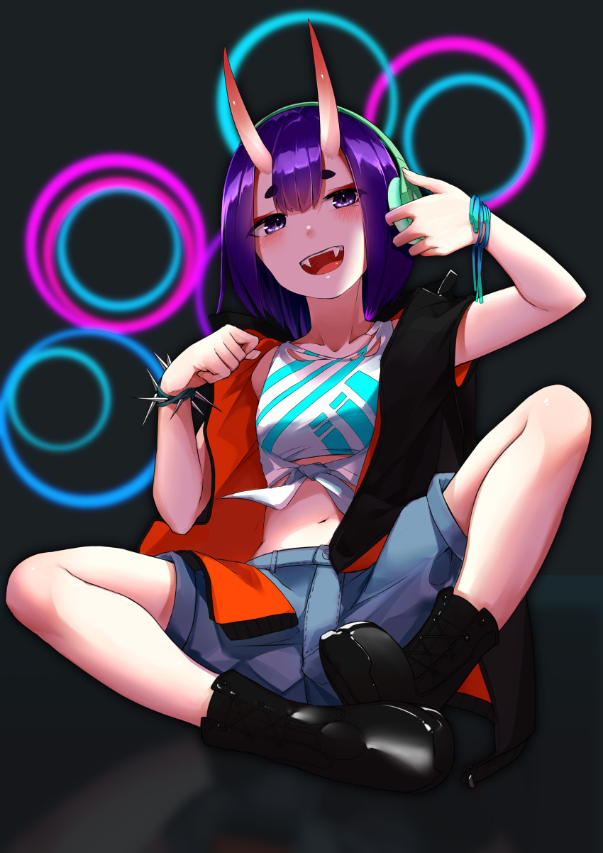 1girl :d absurdres alternate_costume bare_legs black_footwear black_vest blue_shorts blush boots commentary_request crop_top dingding_tu fangs fate/grand_order fate_(series) full_body hair_between_eyes hands_up happy headphones highres hood hood_down hooded_vest horns knees_apart_feet_together knees_up looking_at_viewer midriff oni open_clothes open_mouth open_vest punkish_gothic purple_hair short_hair short_shorts shorts shuten_douji_(fate/grand_order) sitting smile solo spiked_armlet vest violet_eyes