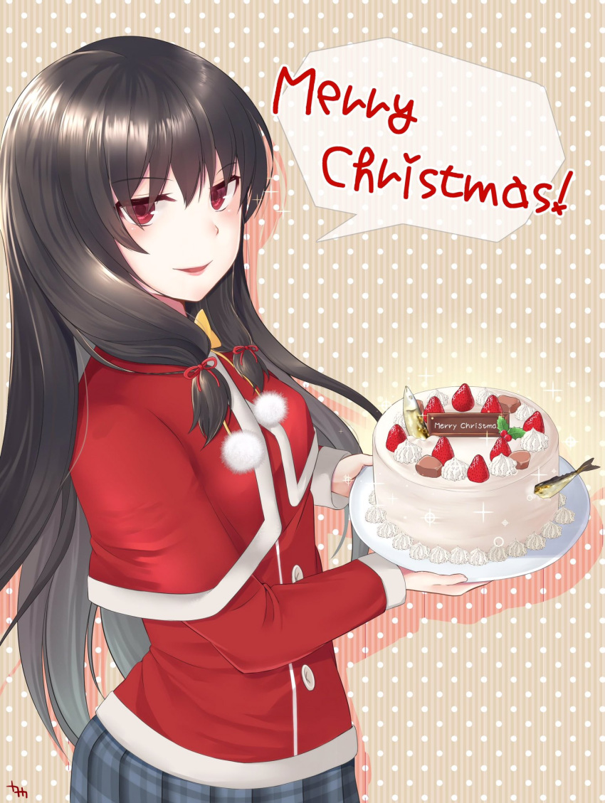 1girl alternate_costume bangs black_hair blue_skirt blush cake capelet christmas eyebrows_visible_through_hair fish food hair_ribbon highres holding holding_plate isokaze_(kantai_collection) kanaka_(kananan0910828) kantai_collection long_hair long_sleeves merry_christmas open_mouth plaid plaid_skirt plate polka_dot polka_dot_background pom_pom_(clothes) red_capelet red_eyes ribbon sidelocks simple_background skirt solo sparkle speech_bubble tress_ribbon yellow_neckwear you're_doing_it_wrong