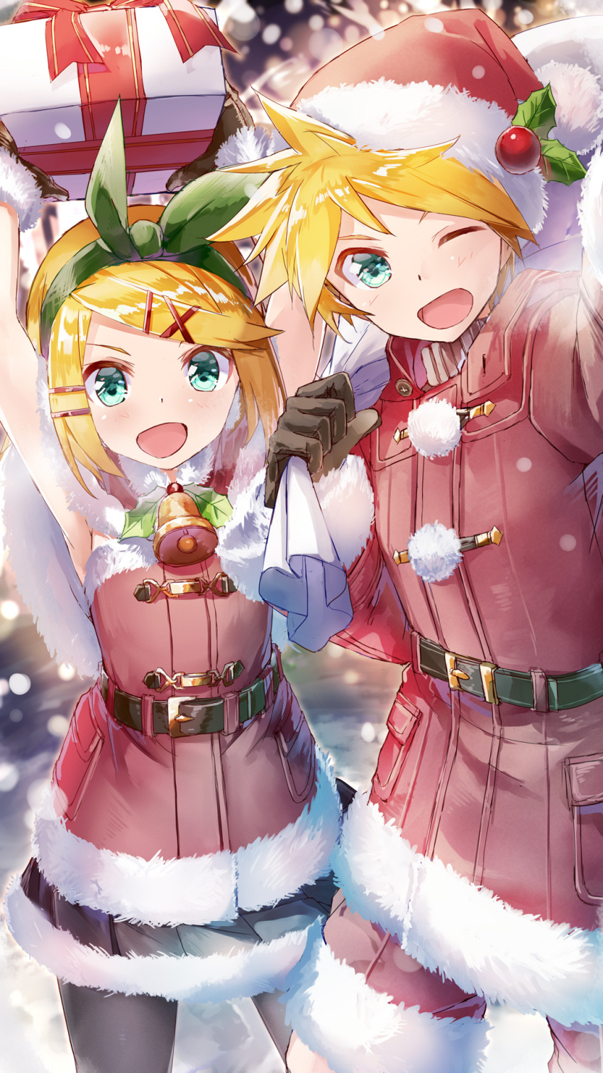 1boy 1girl aqua_eyes arms_up bangs bell belt black_gloves black_skirt blonde_hair blurry blurry_background blush bow box capelet christmas commentary cowboy_shot daidou_(demitasse) dress fur-trimmed_capelet fur-trimmed_dress fur-trimmed_jacket fur-trimmed_shorts fur-trimmed_skirt fur_trim gift gift_box gloves green_bow hair_bow hair_ornament hairclip hat highres holding holding_gift holding_sack holly_hair_ornament jacket kagamine_len kagamine_rin looking_at_viewer neck_bell one_eye_closed open_mouth outdoors red_capelet red_dress red_headwear red_jacket red_shorts sack santa_costume santa_dress santa_hat short_hair shorts skirt smile snowing spiky_hair standing swept_bangs thigh-highs vocaloid