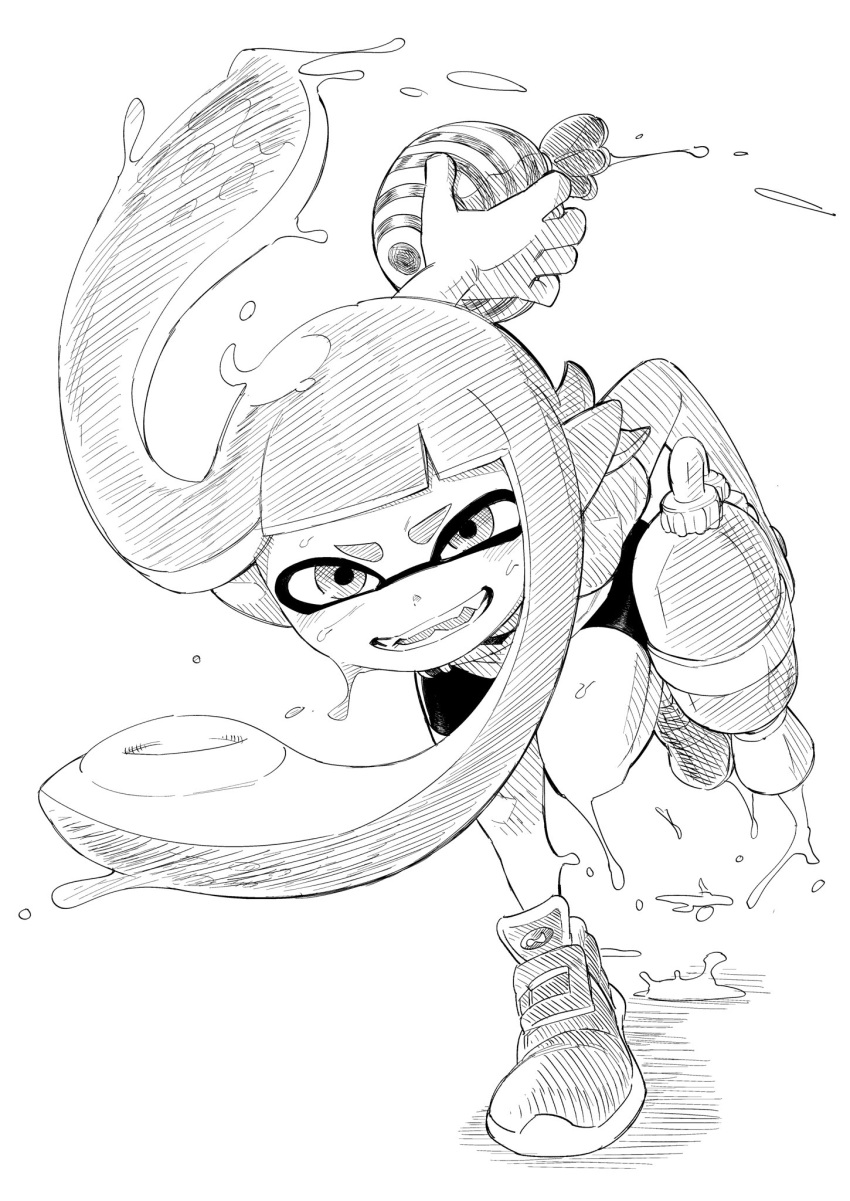 1girl action bangs bike_shorts black_shorts blunt_bangs commentary domino_mask fangs greyscale highres inkling long_hair looking_at_viewer mask monochrome paint_splatter pointy_ears shiromanta shoes shorts single_vertical_stripe sneakers solo splat_bomb_(splatoon) splatoon_(series) splatoon_1 splattershot_(splatoon) squidbeak_splatoon suction_cups super_soaker tentacle_hair thick_eyebrows