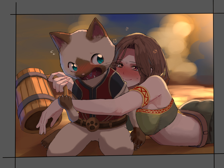 1girl 1other armlet ass brown_hair claws cup drunk fangs felyne highres hug hug_from_behind looking_at_another lying monster_hunter monster_hunter:_world mug on_stomach open_mouth short_hair smile sweatdrop user_kuaj4458