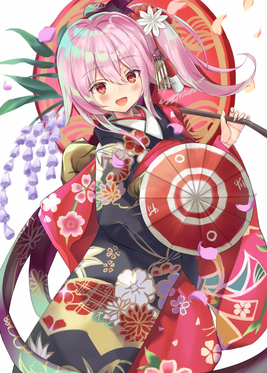 1girl bangs blush commentary_request eyebrows_visible_through_hair floral_print flower flower_request hair_between_eyes hair_flower hair_ornament harusame_(kantai_collection) highres holding holding_umbrella japanese_clothes kantai_collection kimono lajhen2651 long_hair open_mouth petals pink_hair red_eyes shiny shiny_hair side_ponytail sidelocks smile solo umbrella white_background