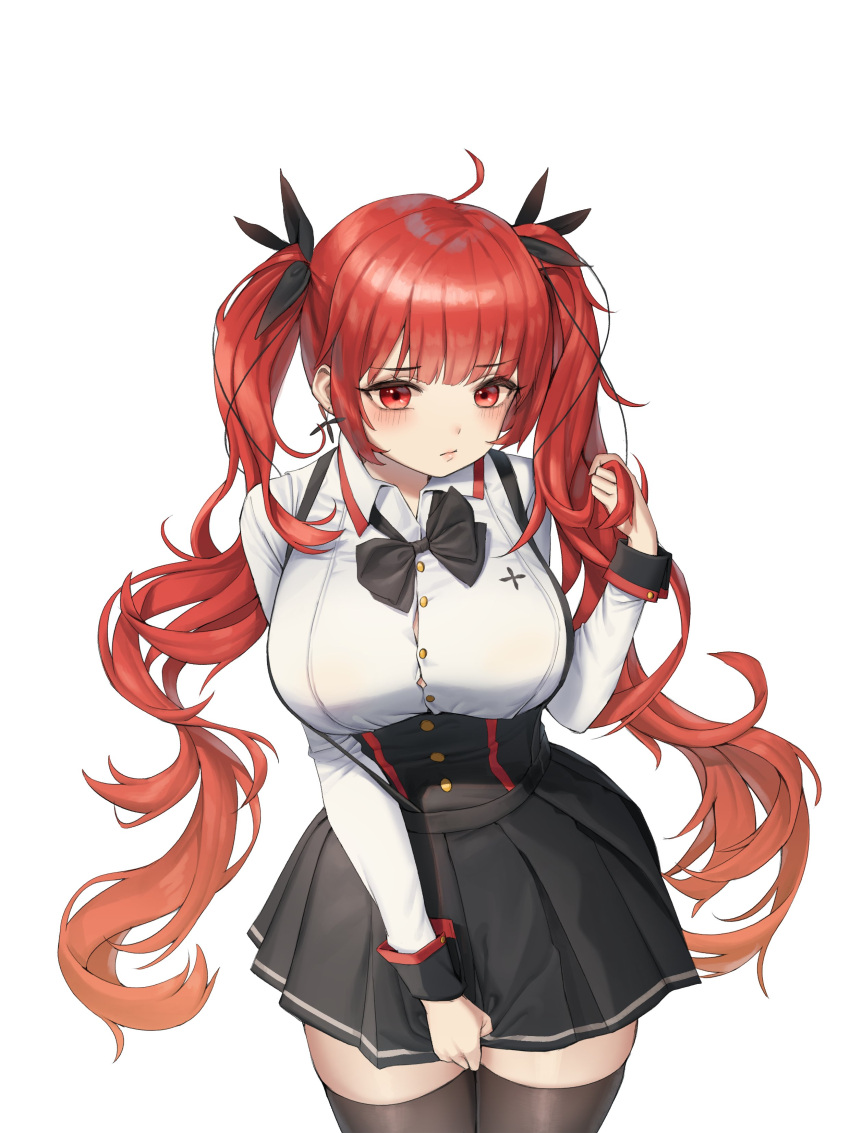 1girl absurdres ahoge alternate_costume azur_lane black_skirt bow bowtie breasts brown_legwear button_gap collared_shirt cowboy_shot earrings gradient_hair hair_ribbon hand_up highres honolulu_(azur_lane) jewelry large_breasts long_hair long_sleeves looking_at_viewer miniskirt multicolored_hair pleated_skirt red_eyes redhead ribbon shirt sidelocks simple_background skirt solo suspenders thigh-highs twintails underbust very_long_hair white_background white_shirt xi_xeong zettai_ryouiki