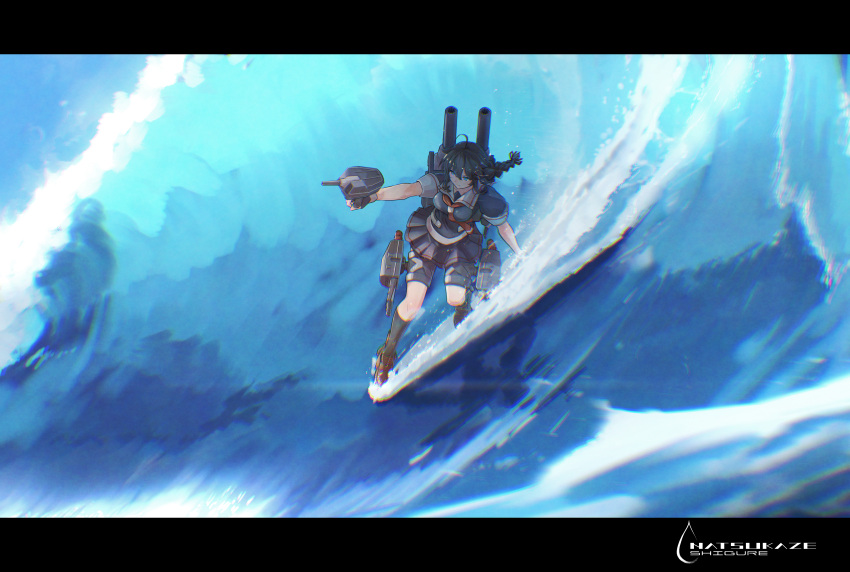 1girl absurdres adapted_turret ahoge black_gloves black_hair black_serafuku black_shirt black_skirt black_socks blue_eyes blue_sky braid breasts brown_footwear cannon day fingerless_gloves gloves hair_flaps hair_ornament highres kantai_collection loafers medium_breasts miniskirt necktie ocean outdoors pleated_skirt red_necktie rigging school_uniform serafuku shigure_(kancolle) shigure_kai_ni_(kancolle) shirt shoes short_sleeves sigure-zzzz single_braid skirt sky socks solo thigh_strap torpedo_launcher waves